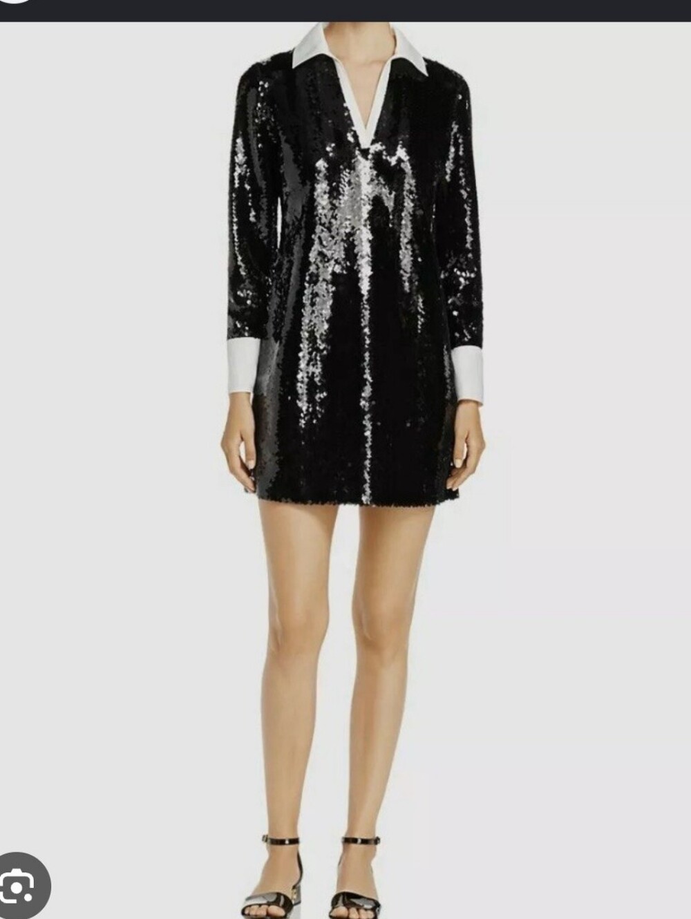 Tory Burch Monics Black Sequin Shift Dress with White Collar & Cuffs Size 12